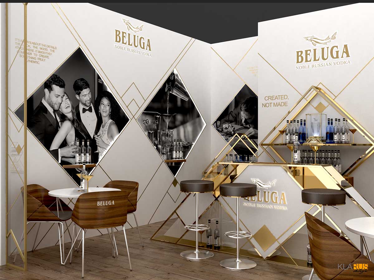 Выставочный стенд бренда Beluga с мобильным баром в икорном стиле в Сингапуре.